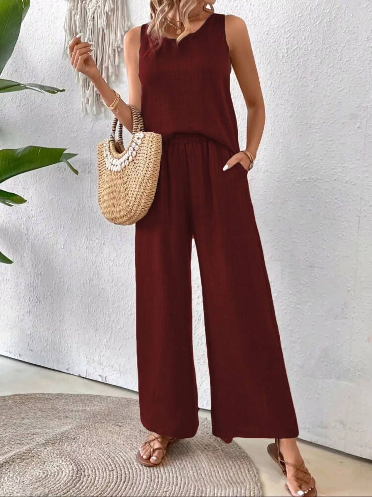Women's Sleeveless Solid Color Back Hollow Lace Suit