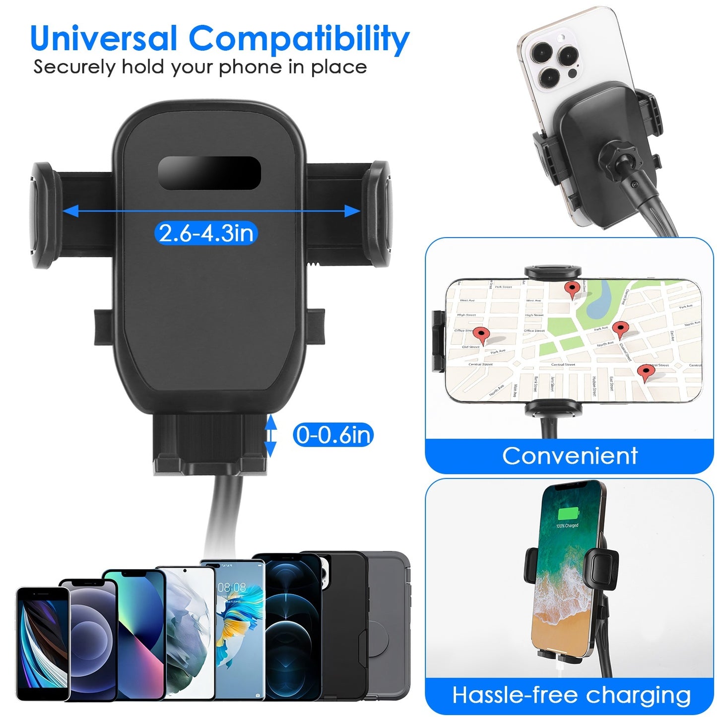 1Pc 2 In 1 Car Cup Phone Holder Automotive Drink Holder With 360 Degree Rotating Gooseneck Phone Mount Adjustable Base Fit For Most Phones Cups Vehicles